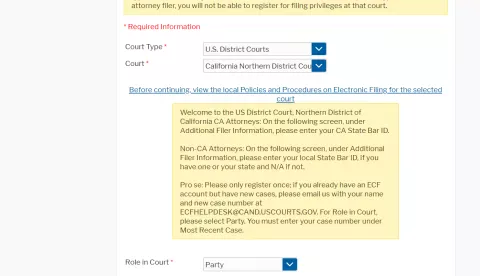 Pacer Registration Non-Attorney Screenshot