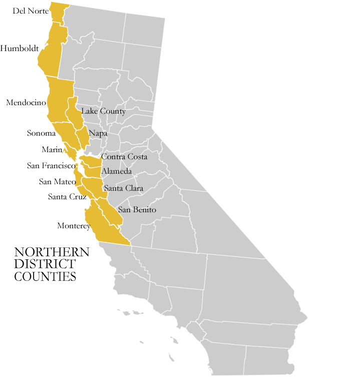 Map of Northern District of California counties:  Del Norte, Humboldt, Mendocino, Lake County, Sonoma, Napa, Marin, Contra Costa, San Francisco, Alameda, San Mateo, Santa Cruz, Santa Clara, San Benito, Monterey.